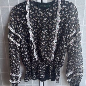 Ralph Lauren Navy  Floral Ruffle Blouse s/petite